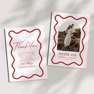 Tarjeta De Agradecimiento Boda Foto de Borde Ondulado Elegante Rojo Blanco