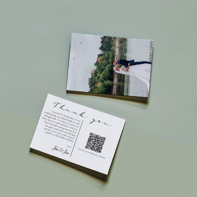 Tarjeta De Agradecimiento Boda foto feliz recuerdos código QR Gracias (Beautiful wedding thank you card! Full cover photo on the back and a heartfelt message and QR code)