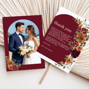 Tarjeta De Agradecimiento Boda Foto Floral Naranja Quemada de Borgoña