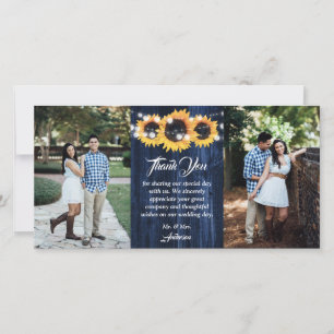 Tarjeta De Agradecimiento Boda Foto Girasoles Luces Madera Azul Marinho