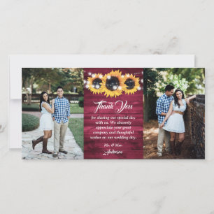 Tarjeta De Agradecimiento Boda Foto Girasoles Madera Rústica Borgoña
