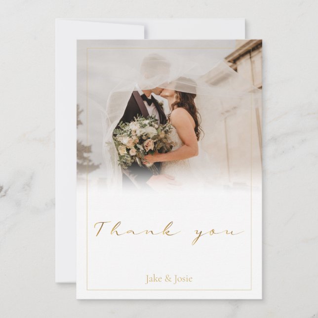 Tarjeta De Agradecimiento Boda foto gradiente blanco, boda de guiones dorado (Anverso)