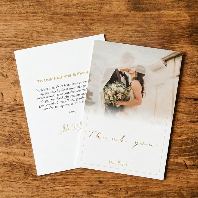 Tarjeta De Agradecimiento Boda foto gradiente blanco, boda de guiones dorado (Wedding photo white gradient, gold script wedding thank you card.)