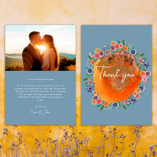 Tarjeta De Agradecimiento Boda Foto Jardin Rustico Azul Boho Flor Silvestre