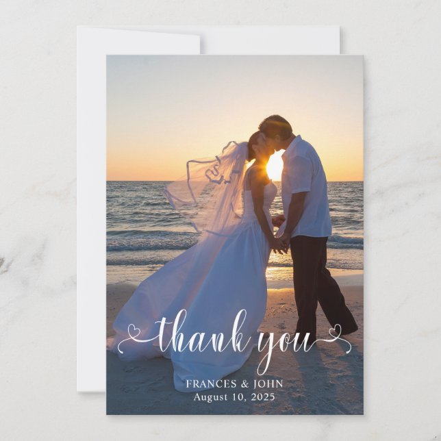Tarjeta De Agradecimiento Boda Foto Modern Heart Swash Script V (Anverso)
