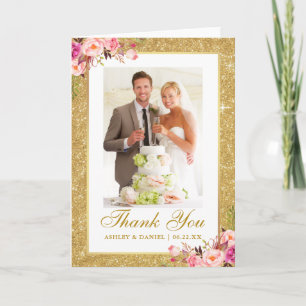 Tarjeta De Agradecimiento Boda Foto Purpurina Oro Pink Floral Fold