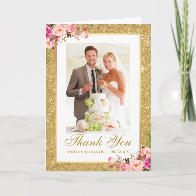 Tarjeta De Agradecimiento Boda Foto Purpurina Oro Pink Floral Fold (Anverso)
