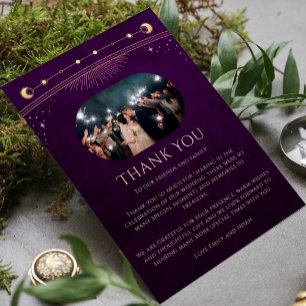 Tarjeta De Agradecimiento Boda Foto Sol Luna Estrellas Ciruela Profunda Cele