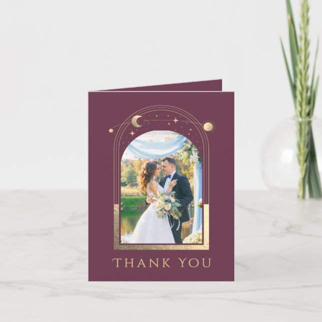 Tarjeta De Agradecimiento Boda Fotografía Celestial Plum Gold (Anverso)
