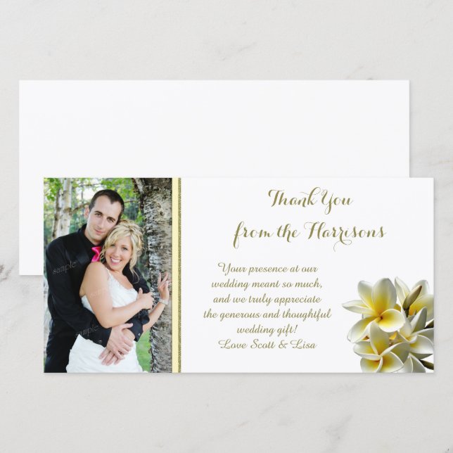 Tarjeta De Agradecimiento Boda fotográfico amarillo de Plumeria Gracias (Anverso / Reverso)