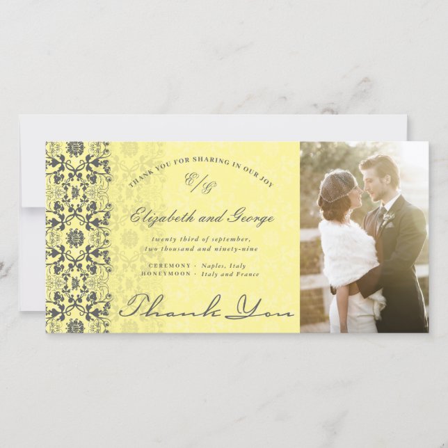 Tarjeta De Agradecimiento Boda fotográfico amarillo y gris de encaje de Dama (Anverso)