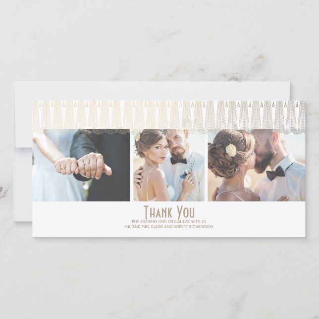 Tarjeta De Agradecimiento Boda fotográfico Art Deco White y Gold Gracias (Anverso)