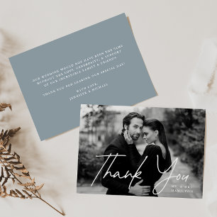 Tarjeta De Agradecimiento Boda fotográfico azul con guión asual