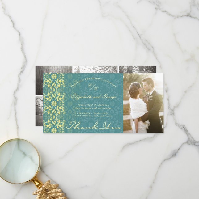 Tarjeta De Agradecimiento Boda fotográfico azul de pavo real de encaje de da (Anverso/Reverso In Situ)