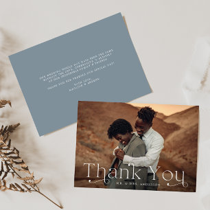 Tarjeta De Agradecimiento Boda fotográfico azul de pizarra clásica elegante