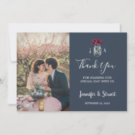 Tarjeta De Agradecimiento Boda fotográfico azul marino con monograma de masó