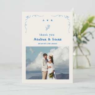 Tarjeta De Agradecimiento Boda fotográfico azul monograma con mano trenzada 