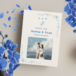 Tarjeta De Agradecimiento Boda fotográfico azul monograma con mano trenzada