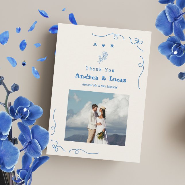 Tarjeta De Agradecimiento Boda fotográfico azul monograma con mano trenzada  (Subido por el creador)