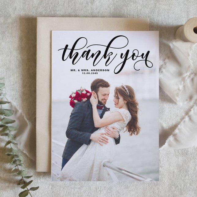 Tarjeta De Agradecimiento Boda fotográfico Black Lovely Modern Calligraphy (Subido por el creador)