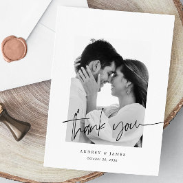 Tarjeta De Agradecimiento Boda fotográfico blanco con letras de mano de Moda