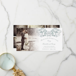 Tarjeta De Agradecimiento Boda fotográfico Blue Vintage Damask Floral Flouri