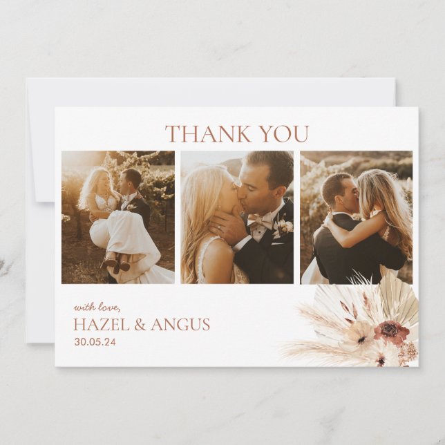 Tarjeta De Agradecimiento Boda fotográfico Boho Rust Terracotta Pampas (Anverso)