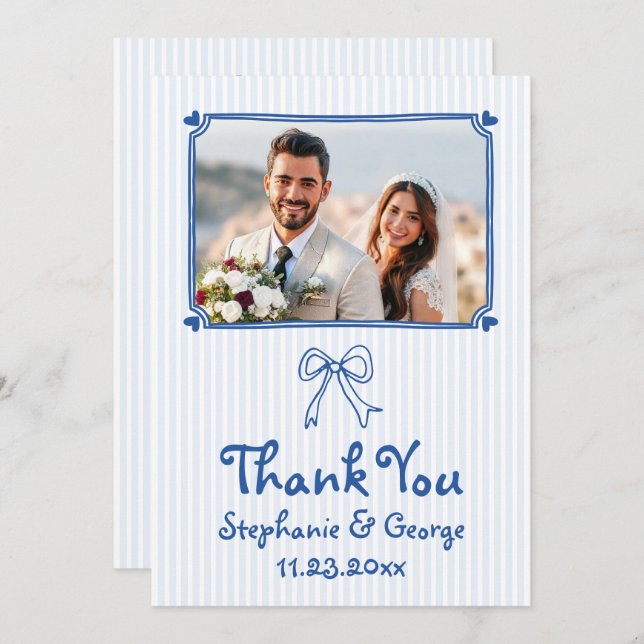 Tarjeta De Agradecimiento Boda fotográfico caprichoso dibujado a mano azul (Anverso / Reverso)