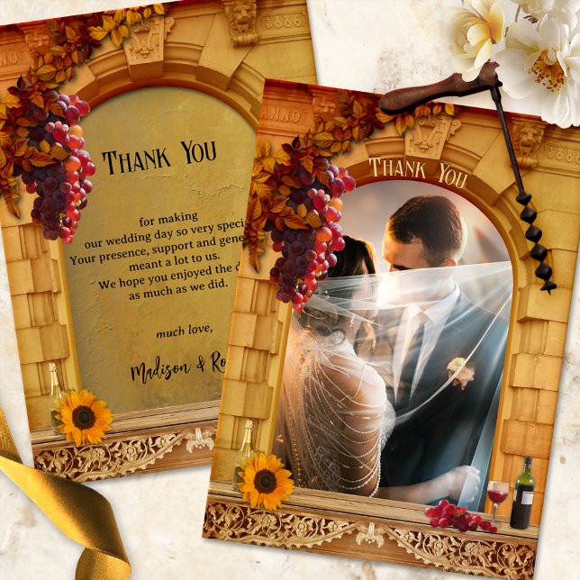 Tarjeta De Agradecimiento Boda fotográfico clásico de viñedos (Wedding Thank You card with your photo framed by an Italy inspired Roman arch with wine and grapes)