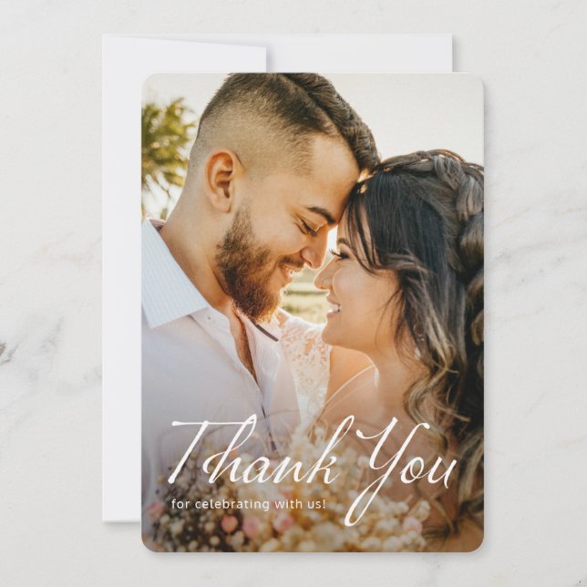 Tarjeta De Agradecimiento Boda fotográfico completo con escritura blanca mod (Anverso)