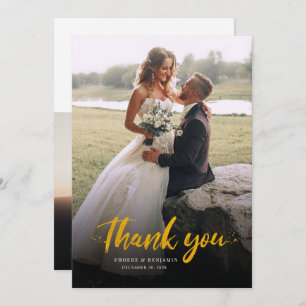 Tarjeta De Agradecimiento Boda fotográfico con letras de oro modernas