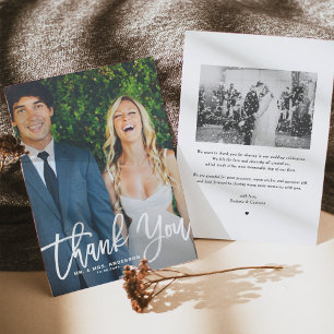 Tarjeta De Agradecimiento Boda fotográfico con letras rusticas blancas