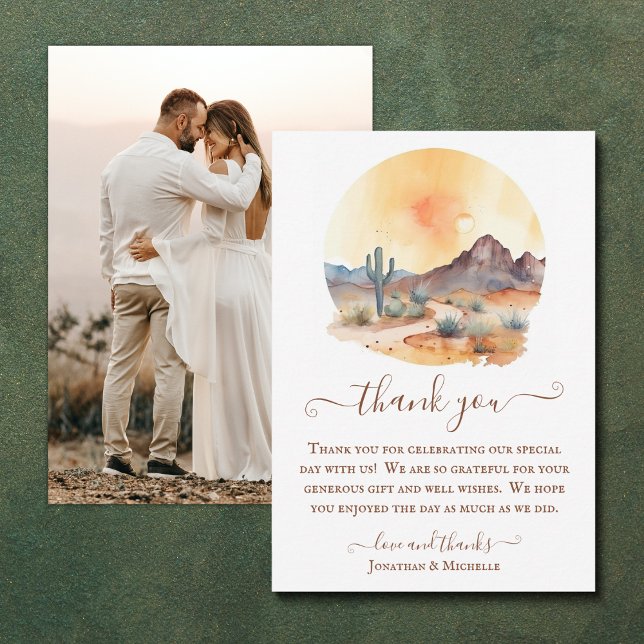 Tarjeta De Agradecimiento Boda fotográfico de acuarela del suroeste del desi (Watercolor Southwestern Desert Photo Wedding Thank You Card)