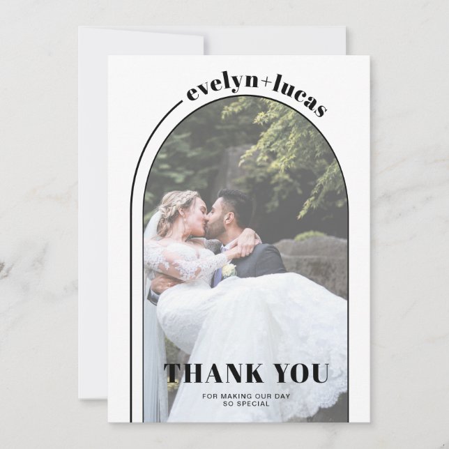 Tarjeta De Agradecimiento Boda fotográfico de arco blanco y negro (Anverso)