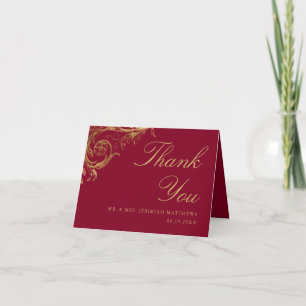 Tarjeta De Agradecimiento Boda fotográfico de Burgundy Gold Floral Damask
