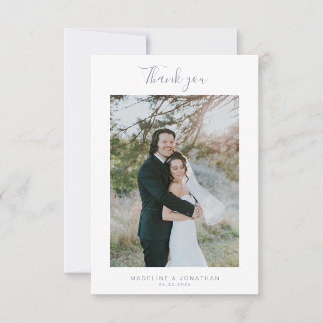 Tarjeta De Agradecimiento Boda fotográfico de estilo azul elegante y polvori (Anverso)
