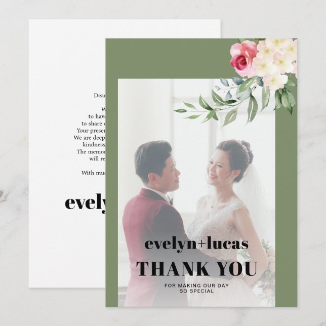 Tarjeta De Agradecimiento Boda fotográfico de flores blancas rosadas de Euca (Anverso / Reverso)