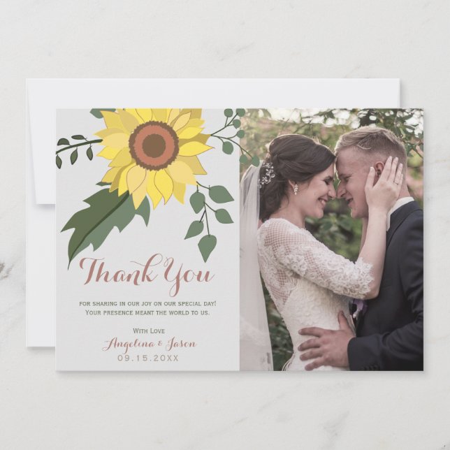 Tarjeta De Agradecimiento Boda fotográfico de girasol (Anverso)