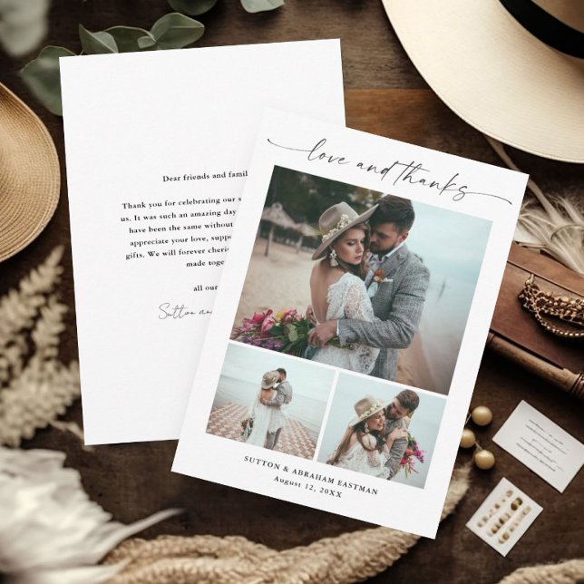 Tarjeta De Agradecimiento Boda fotográfico de guión moderno 3 (Elegant 3 photo wedding thank you card with modern love and thanks script typography.)