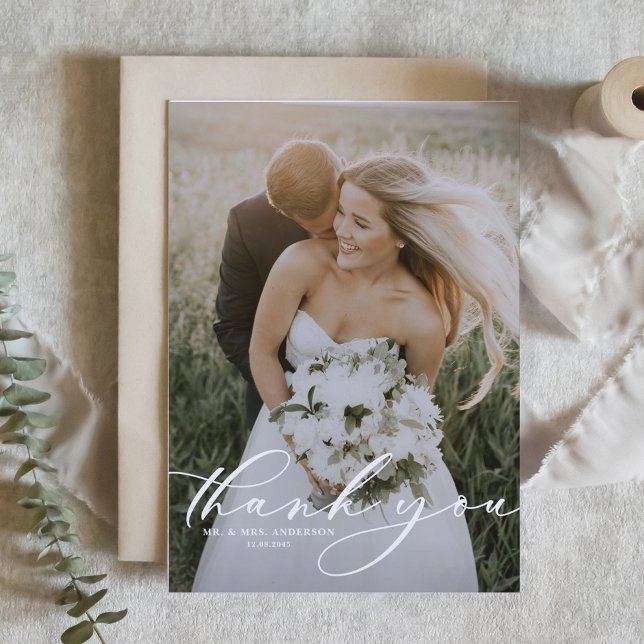 Tarjeta De Agradecimiento Boda fotográfico de guiones brillantes y blancos (Subido por el creador)
