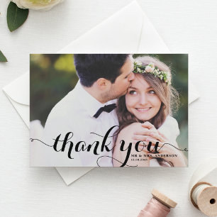 Tarjeta De Agradecimiento Boda fotográfico de guiones de caligrafía blanca G