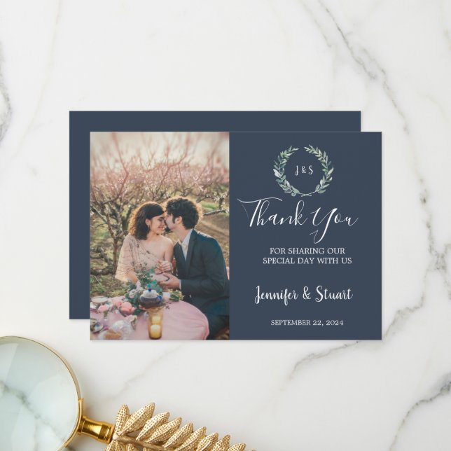 Tarjeta De Agradecimiento Boda fotográfico de hojas de acuarela rústicas (Anverso/Reverso In Situ)