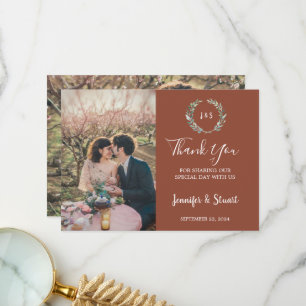 Tarjeta De Agradecimiento Boda fotográfico de hojas de acuarela rústicas