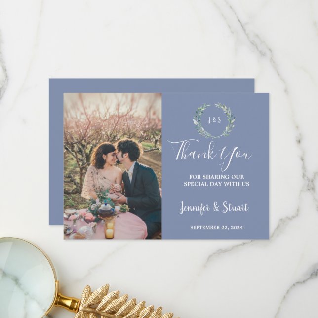 Tarjeta De Agradecimiento Boda fotográfico de hojas de acuarela rústicas (Anverso/Reverso In Situ)