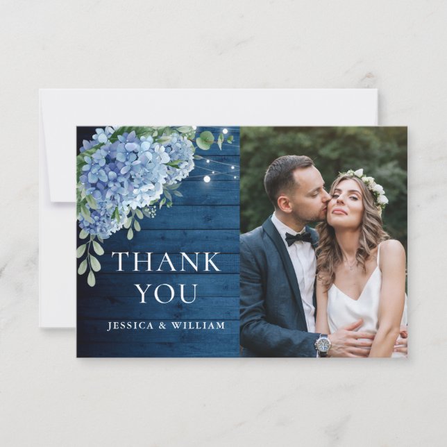 Tarjeta De Agradecimiento Boda fotográfico de la Marina Azul Hydrangea Lante (Anverso)
