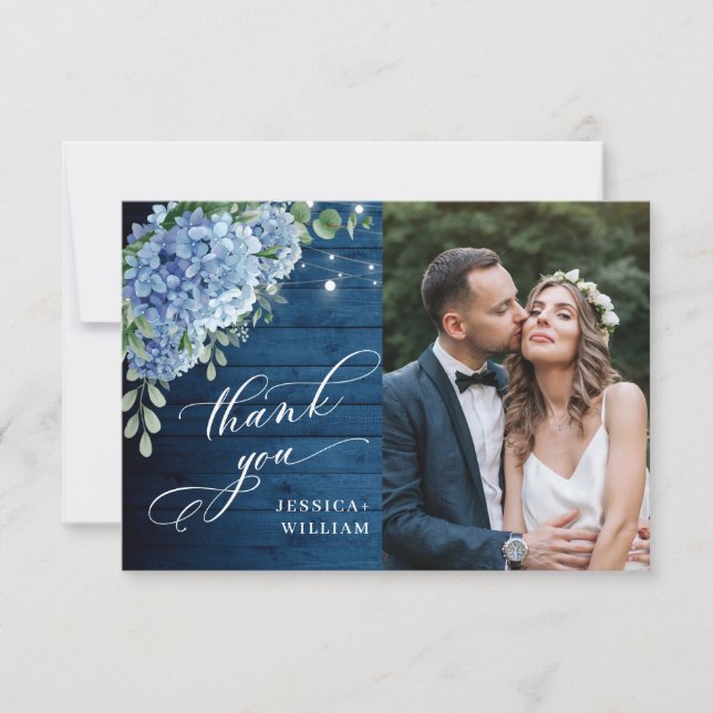 Tarjeta De Agradecimiento Boda fotográfico de la Marina Azul Hydrangea Lante (Anverso)