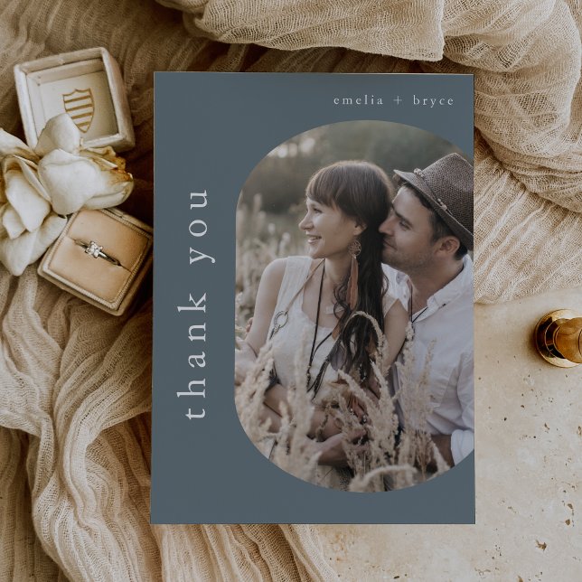 Tarjeta De Agradecimiento BODA fotográfico de la Marina Azul Rustica Plana E (EMELIA Flat Rustic Minimal Blue Navy Photo Wedding Thank You Card)