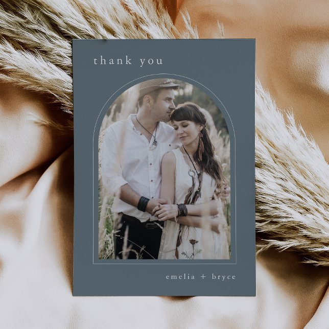 Tarjeta De Agradecimiento BODA fotográfico de la Marina de Boho Plano EMELIA (EMELIA Flat Boho Navy Simple Arch Photo Wedding Thank You Card)