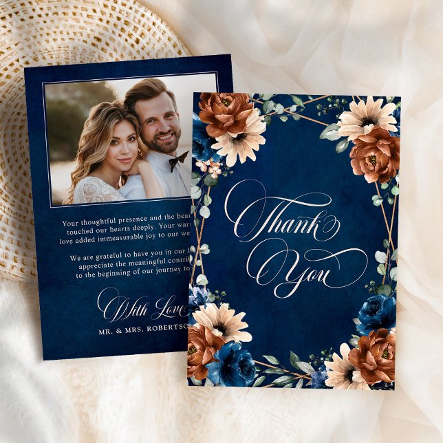 Tarjeta De Agradecimiento Boda fotográfico de la Marina de Terracota (Terracotta Navy Blue Greenery Photo Wedding Thank You Card)