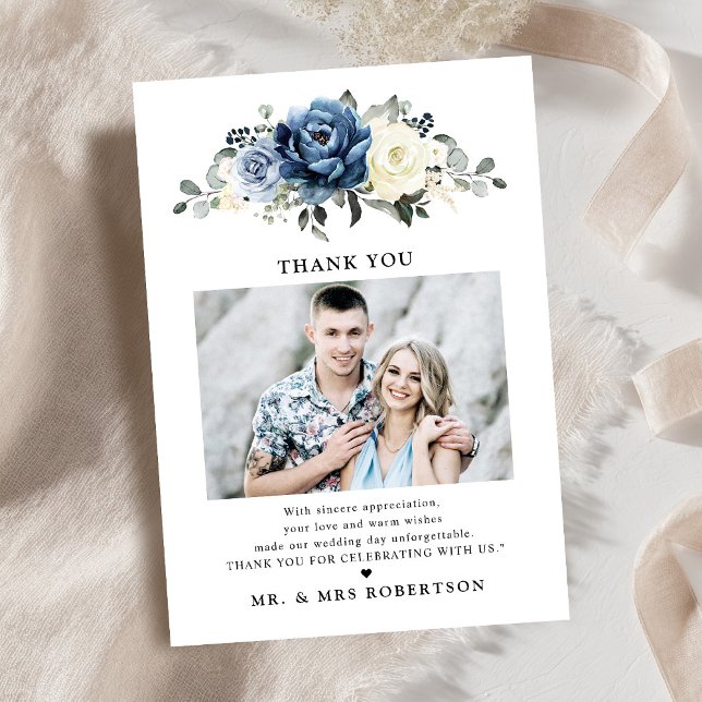 Tarjeta De Agradecimiento Boda fotográfico de marfil de la Marina Azul Dusty (Dusty Blue Navy Champagne Ivory Photo wedding Thank You Card)